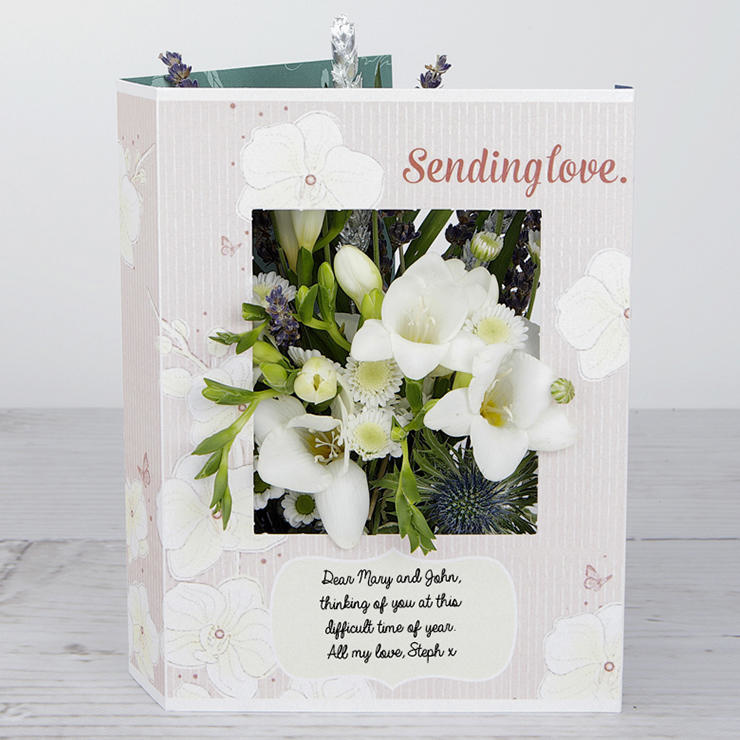 Sending Love' Flowercard with White Freesias, Spray Chrysanthemum, Santini, Ornithogalum, Lavender Sprigs and Silver Wheat image