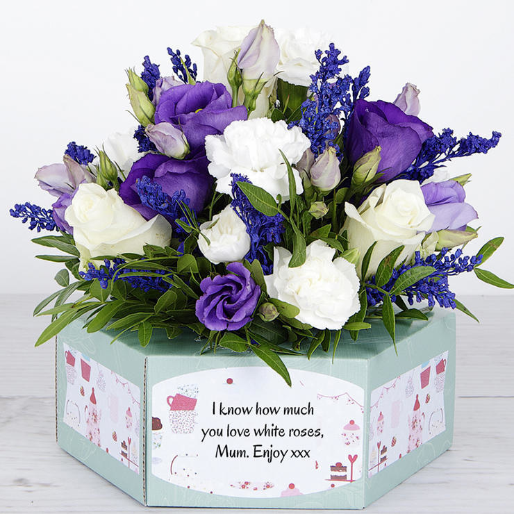 White Roses, Purple Lisianthus and White Spray Carnations 3D Flowerbox image