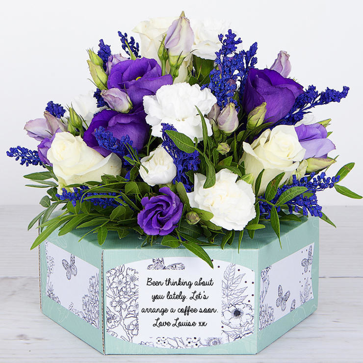 Flowerbox with White Roses, Purple Lisianthus, Spray Carnations and Jewels of Pistache image