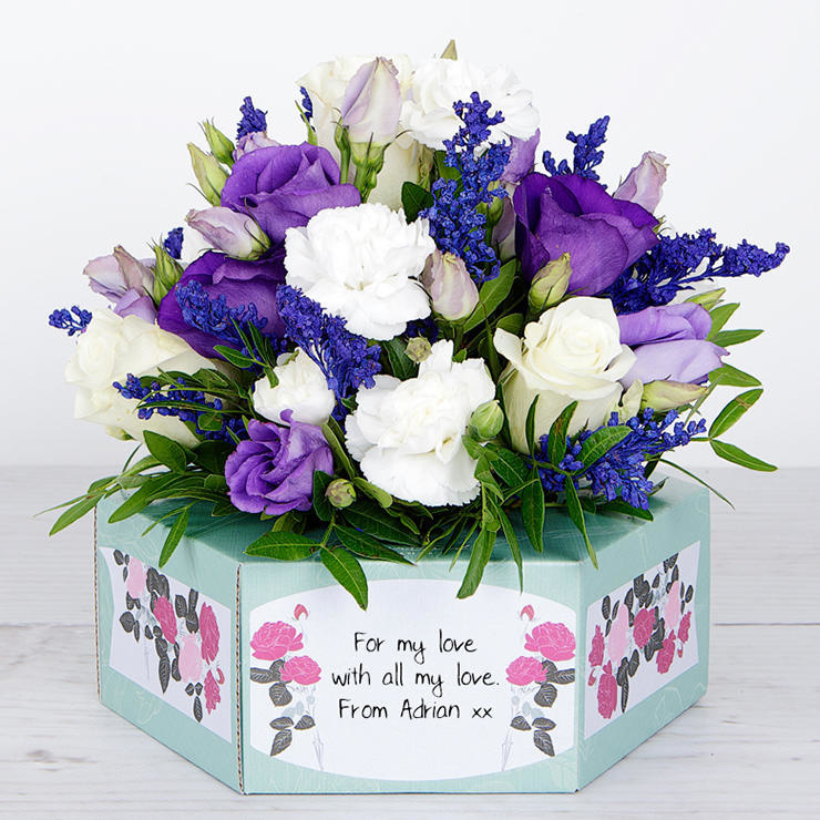 Personalised Flowerbox with White Roses, Purple Lisianthus, Spray Carnations, Painted Solidago and Jewels of Pistache image