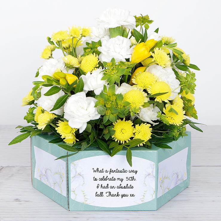 3D Flowerbox with Yellow Freesias, Carnations and Chrysanthemums image