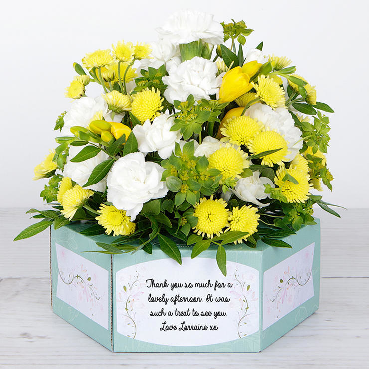 Personalised Flowerbox with Yellow Freesias, Chrysanthemums, Carnations, Bupleurum and Pretty Pistache. image