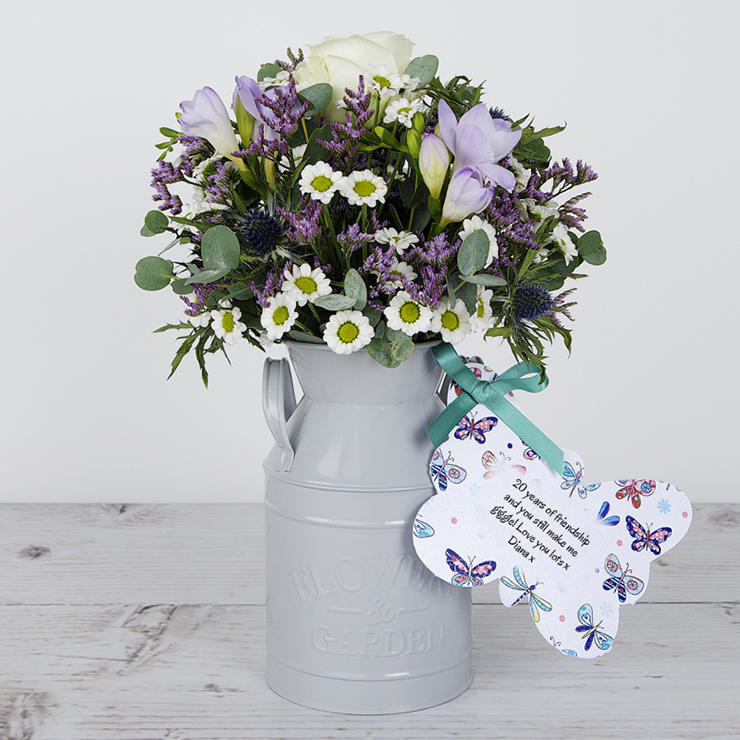Personalised Flowerchug with Roses, Freesias, Chrysanthemums, Limonium and Eucalyptus Gunnii image