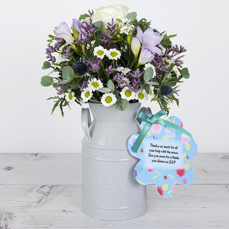 Keepsake Flowerchurn with Dutch Avalanche Roses, Purple Freesias, Lilac Limonium and Fresh Eucalyptus Gunnii image
