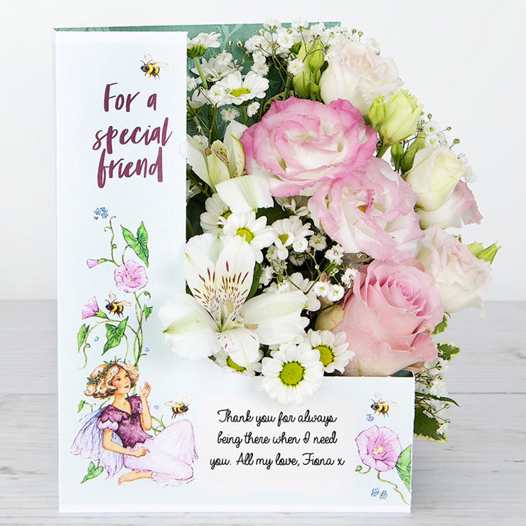 Friendship Flowercard with Pink Roses, Gypsophila and Alstroemeria and Lisianthus image