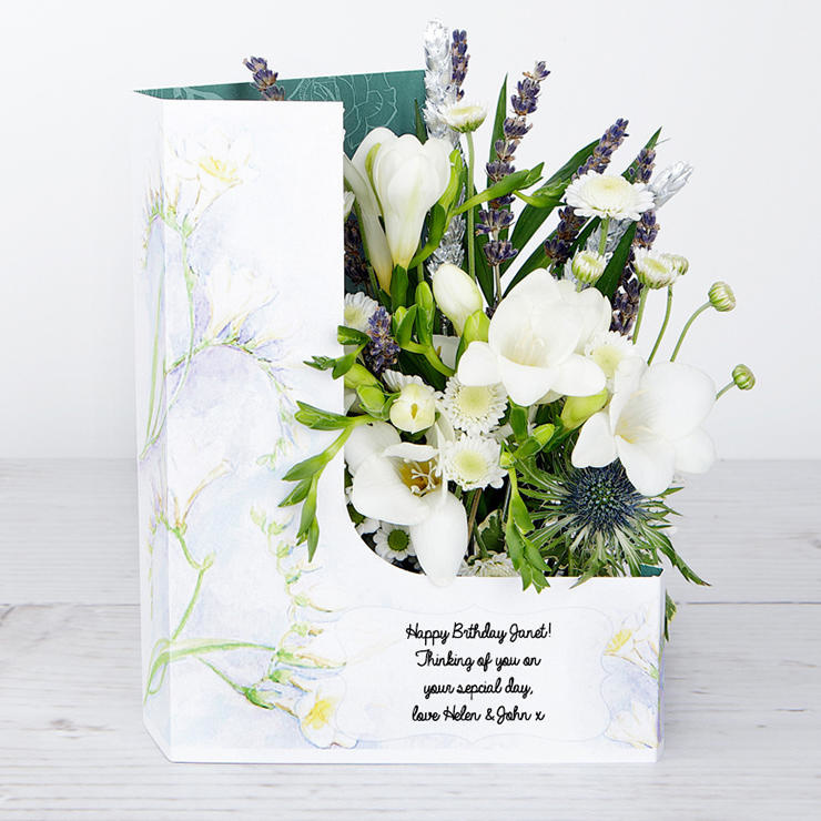Flowercard with White Freesias, Chrysanthemums, White Santini, Sprigs of Lavender and Silver Wheat image