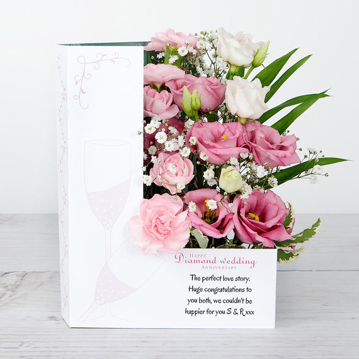 Diamond Wedding Anniversary Flowercard with Spray Carnations, Lisianthus, Gypsophila, Pittosporum and Chico Leaf image