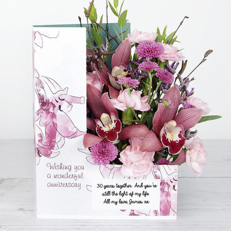 Personalised Anniversary Flowers with Cymbidium Orchids, Spray Carnations, Chrysanthemums, Lilac Willow, Limonium and Eucalyptus Parvifolia image