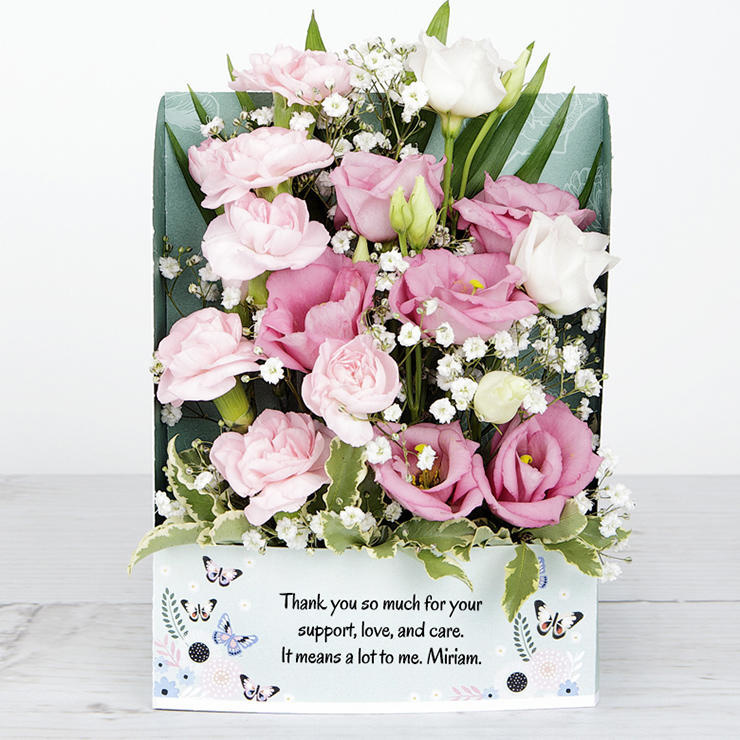 Personalised Flowercard with Spray Carnations, Pink Lisianthus, White Gypsophila, Pittosporum and Chico Leaf image