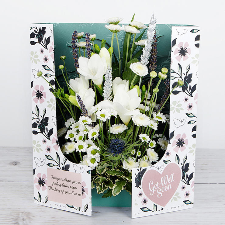 White Santini and Freesias with Lavender and Silver Wheat 'Get Well Soon' Flowercard image