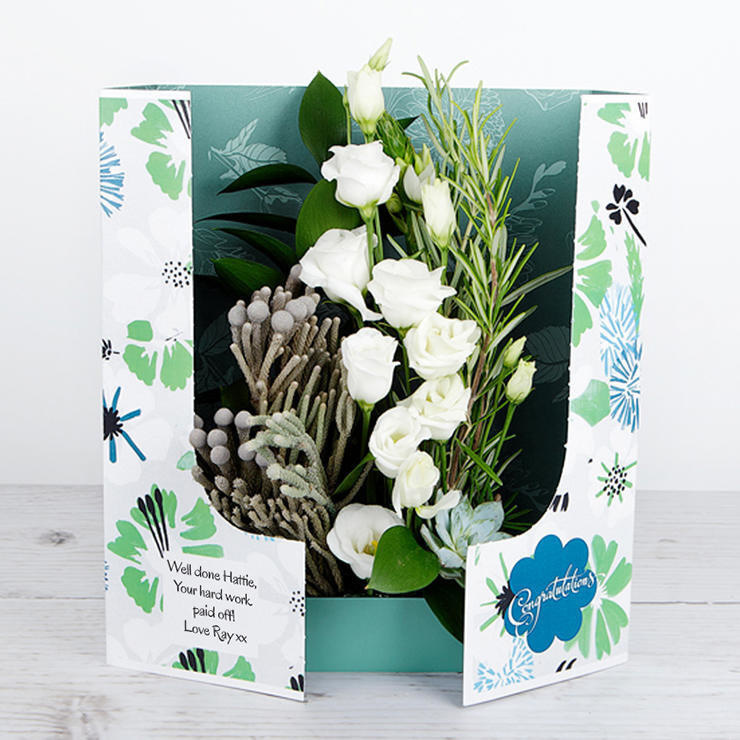 Congratulations Flowers with White Lisianthus, Berry Jewels, Ornithogalum, Sprigs of Rosemary and Ruscus Leaves image