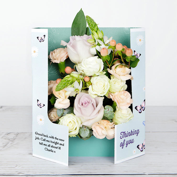 Thinking Of You Flowers with Tea Roses, Peach Hypericum, Spray Rose, Baby Blue Eucalyptus and Ruscus Leaves image