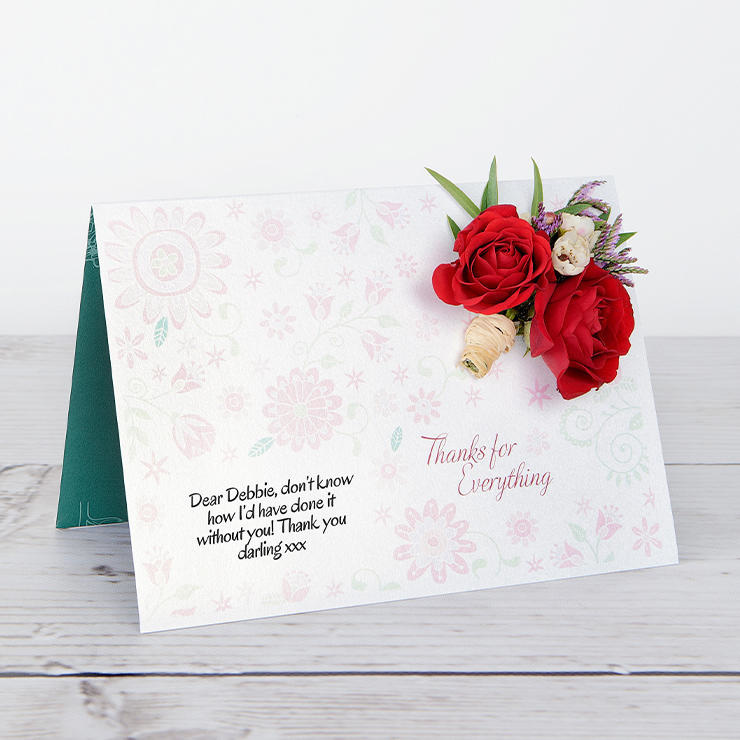 Thank You Flowercard with Red Roses, Waxflower, Limonium and Eucalyptus image