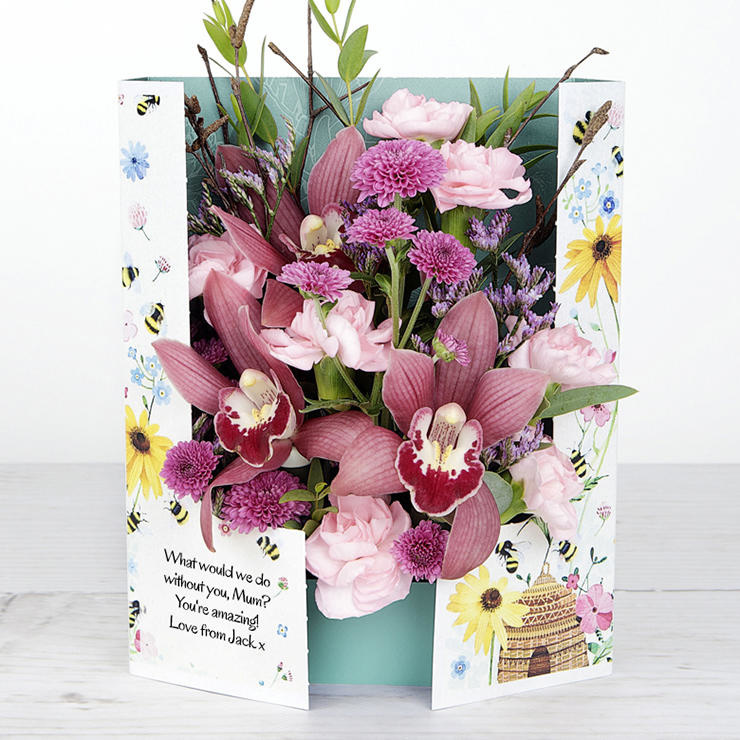Personalised Flowercard with Orchid, Spray Carnations, Chrysanthemum, Lilac Willow, Limonium and Eucalyptus Parvifolia image
