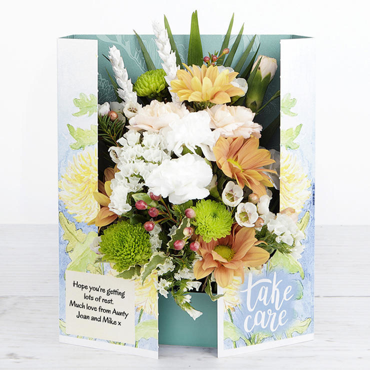 White and Peach Spray Carnations, Rustic White Wheat Heads and Green Santini Flowercard image
