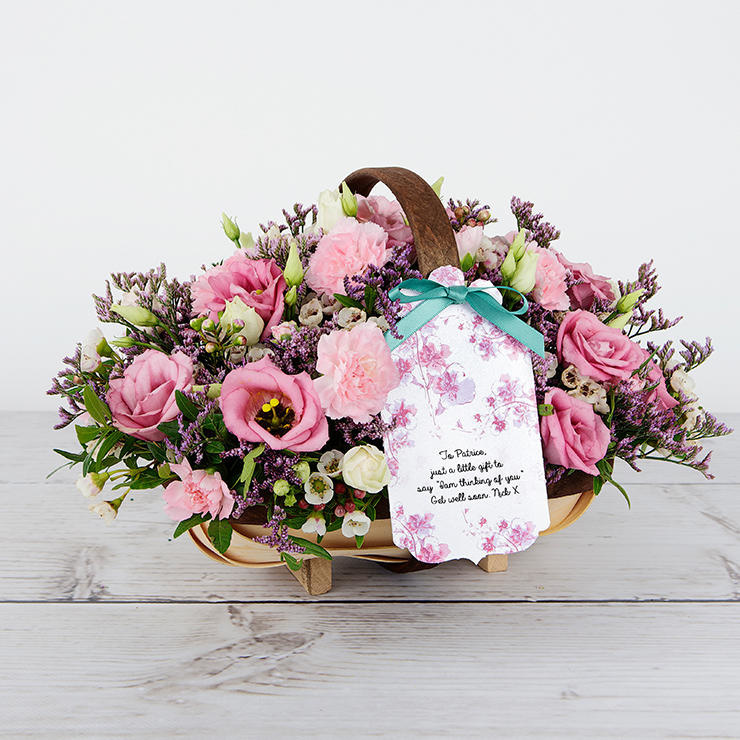 Personalised Flower Trug with Cream Wax Flowers, Spray Carnations, Lilac Limonium and Pistache Tree Leaves image