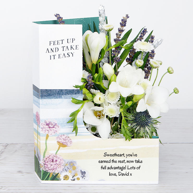 Get Well Soon Flowers with White Freesias, Chrysanthemum, Santini, Sprigs of Lavender, Chico Leaf, Pittosporum and Silver Wheat image