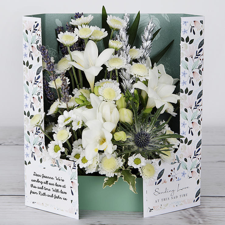 Sympathy Flowers with White Freesia, Dried Lavender, Silver Wheat and Chrysanthemums image