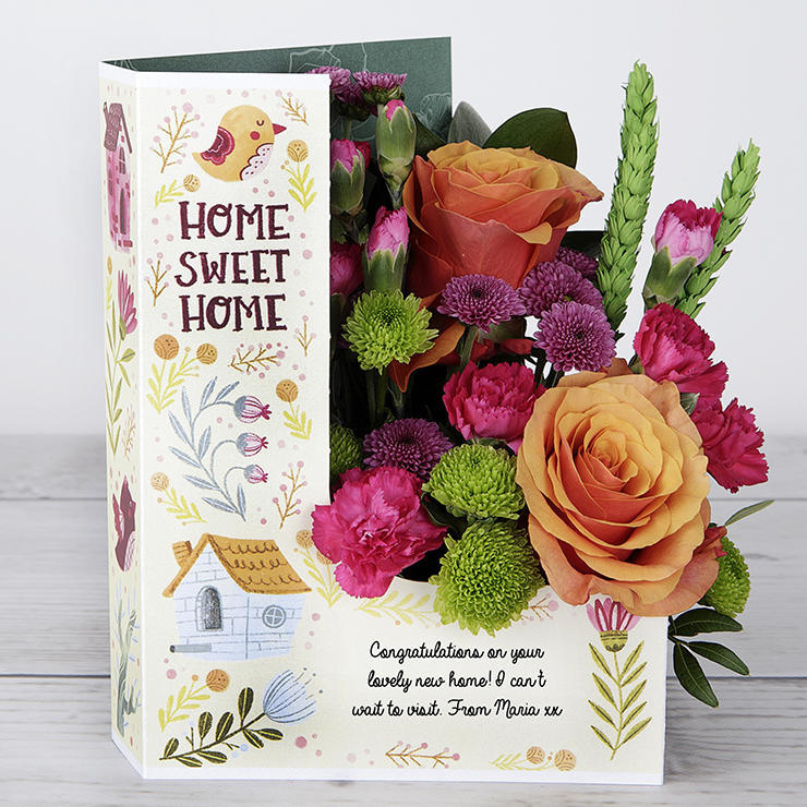 Home Sweet Home' Congratulation Flowercard with Orange Roses, Lime Santini, Chrysanthemums, Spray Carnations, Lime Wheat and Ruscus image