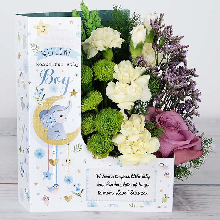 Dutch Roses, Santini, Carnations and Ming Fern New Baby Boy Congratulations Flowers image
