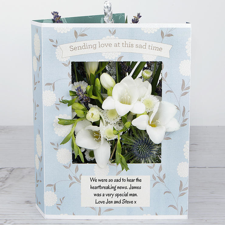Sympathy Flowers with White Freesias, Santini, Sprigs of Lavender, Pittosporum and Silver Wheat image