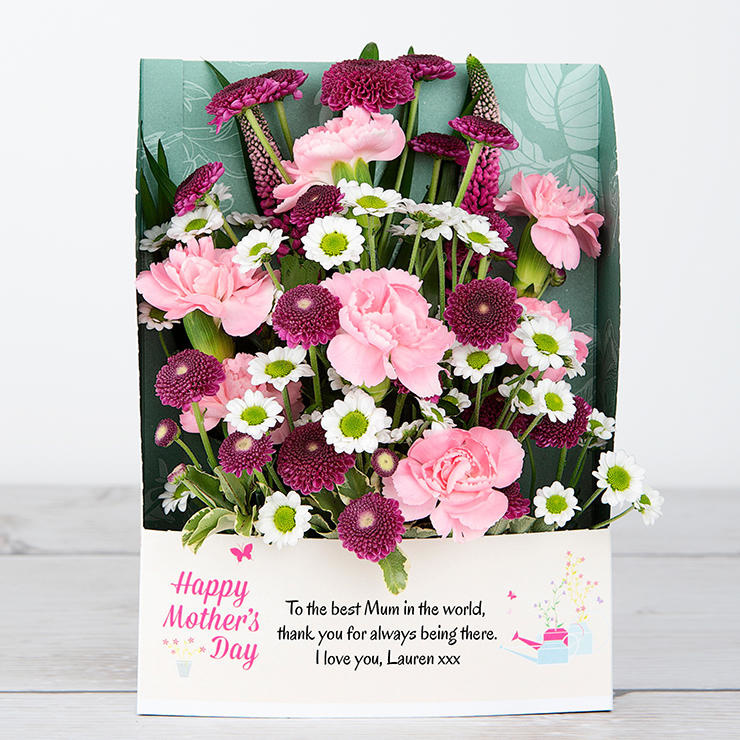 Mother%27s Day Flowercard with Spray Carnations, Veronica, Santini, Pittosporum and Chico Leaf