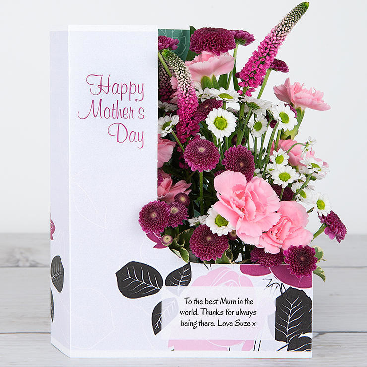 Spray Carnations, Pink Veronica and White Santini Mother%27s Day Flowercard