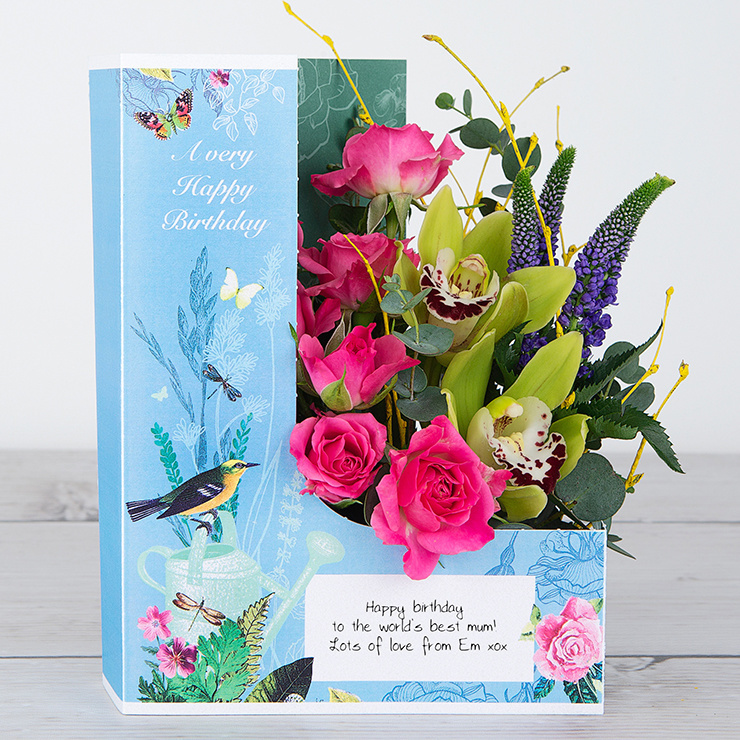 Birthday Flowers with Lime Cymbidium Orchid, Purple Veronica, Spray Rose, Birch Twig and Eucalyptus image