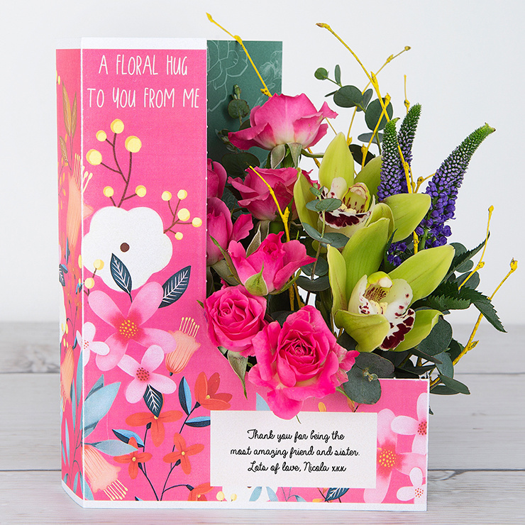 Lime Orchid, Purple Veronica and Cerise Spray rose with Birch Twig and Eucalyptus Flowercard image