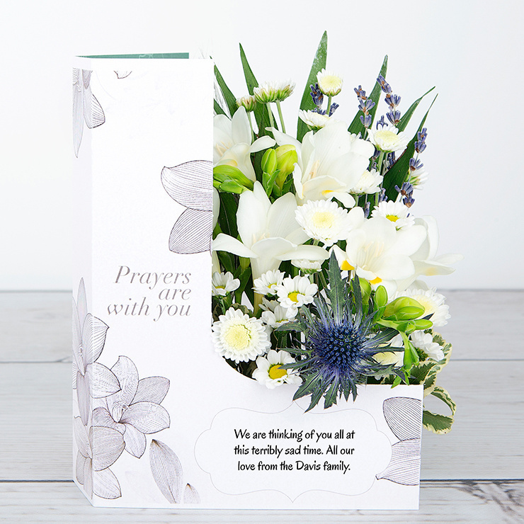 White Freesias with Lavender, Santini and Chrysanthemum Sympathy Flowercard image