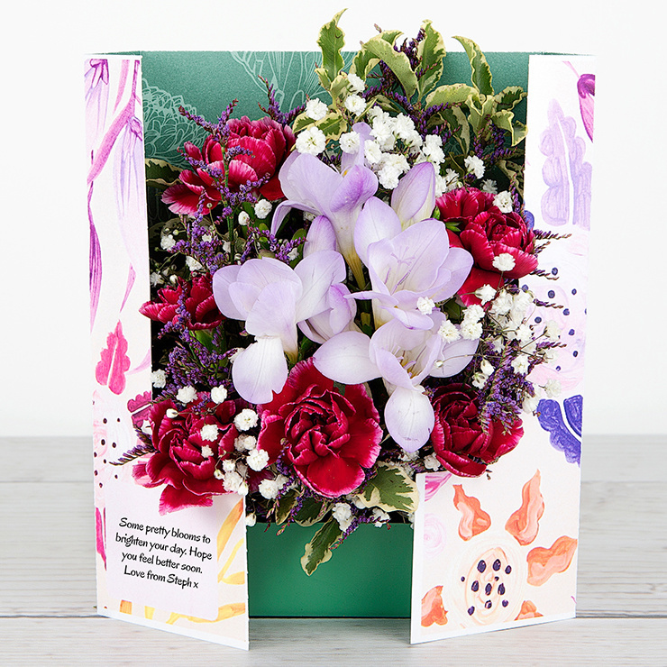Lilac Freesias, Carnations, Lilac Limonium and Gypsophila Flowercard image