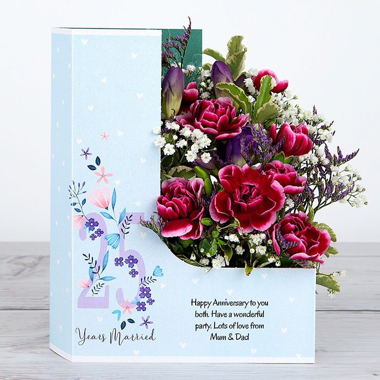 25 Years Married Celebration Flowercard with Lilac Freesias, Spray Carnations, Lilac Limonium, Gypsophila and Pittosporum image