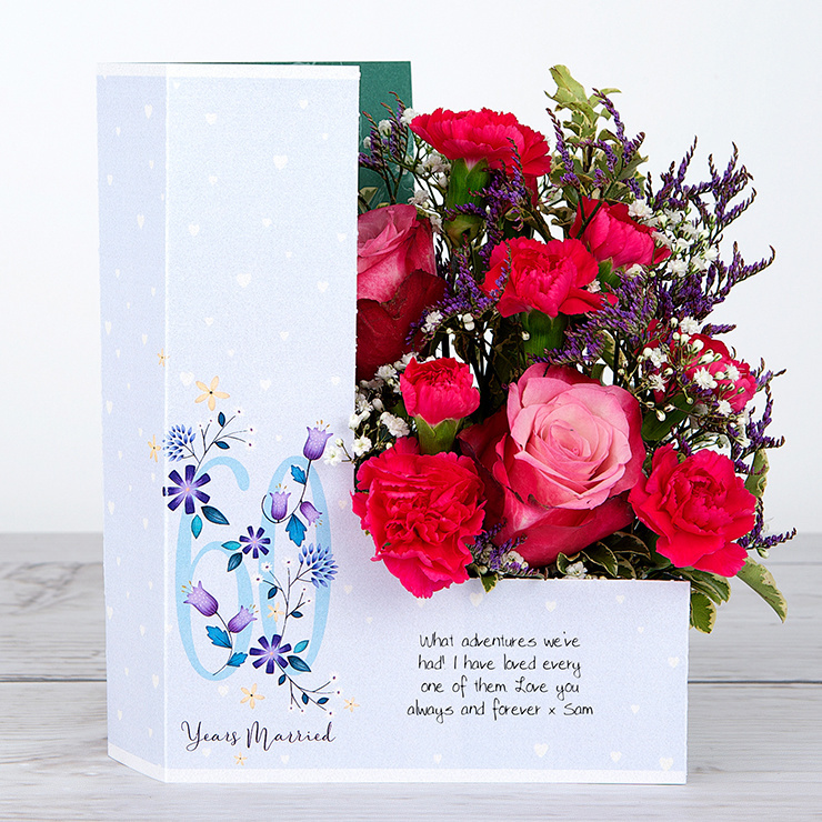 60 Years Married Card with Dutch Roses, Bi-purple Spray Carnations, Limonium and Gypsophila image