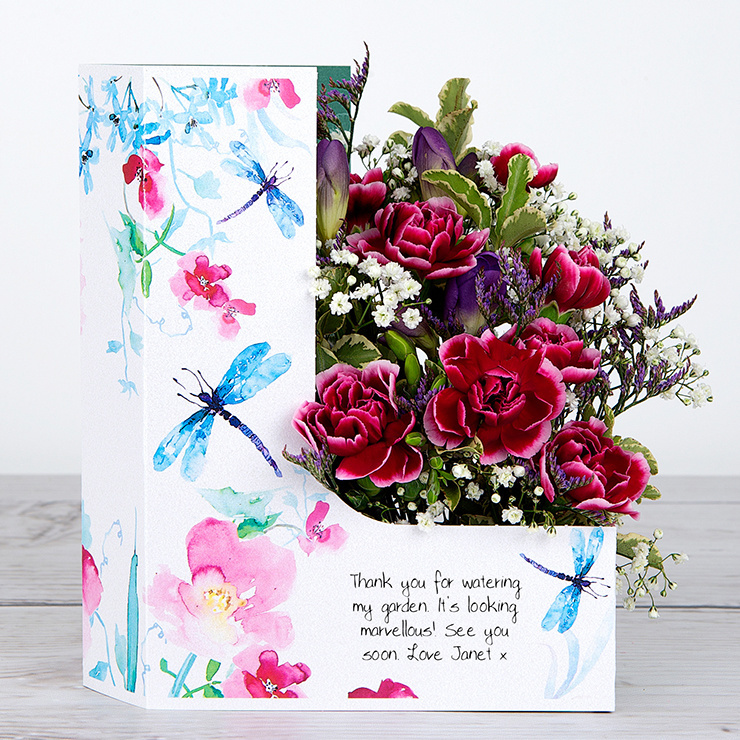 Flowercard with Lilac Freesia, Spray Carnations, Lilac Limonium and Gypsophila image