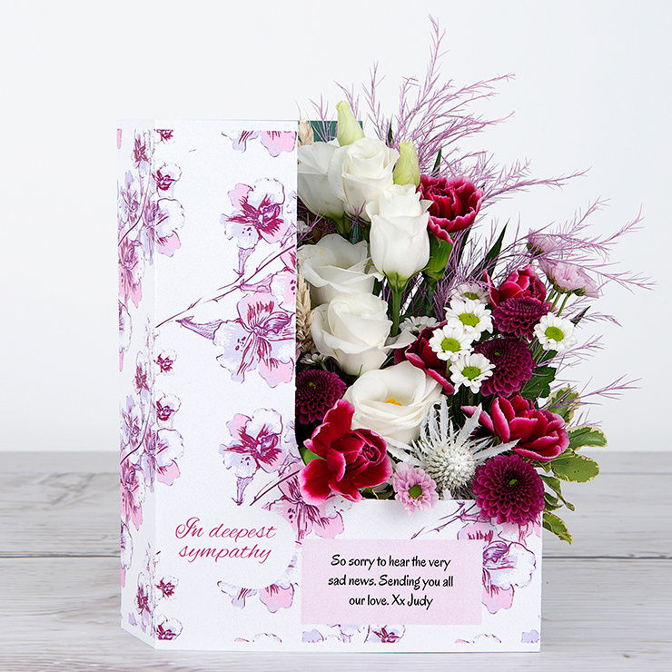 Sympathy Flowers with Pink Spray Carnations, Button Santini, White Lisianthus, Tree Fern, Wheat Heads, Pittosporum and Chico Leaf image