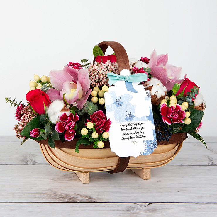 Dutch Roses and Pink Orchids with Berries and Carnations Flower Trug image