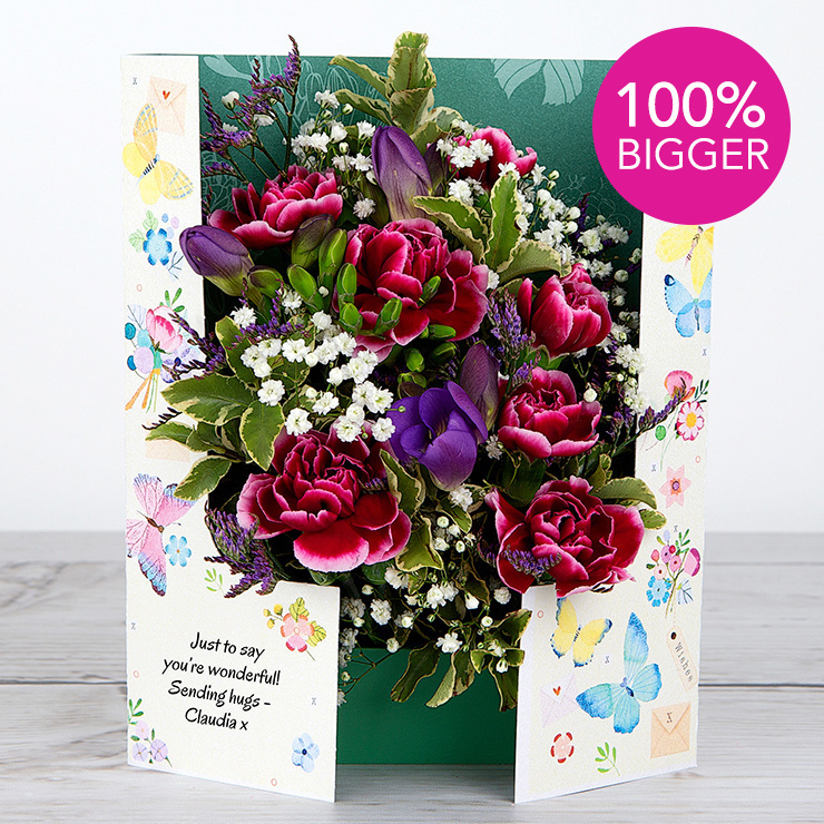 Flowercard with Lilac Freesias, Spray Carnations, Limonium, Gypsophila and Pittosporum image