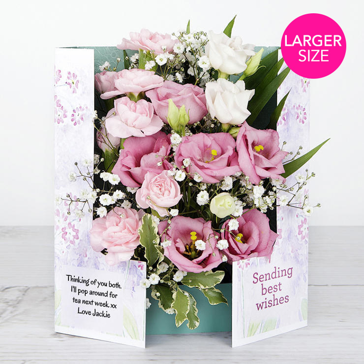Sending Best Wishes' Flowercard with Pink Carnations, Lisianthus, Gypsophila, Pittosporum and Chico Leaf image