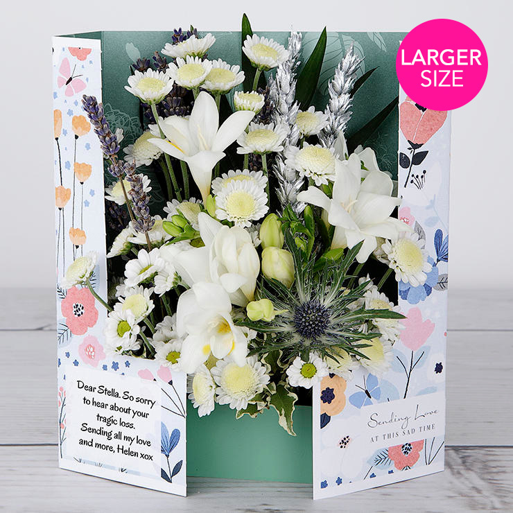 Sympathy Flowers with White Fressais, Dried Lavender, Blue Eryngium, Silver Wheat and Chico Palm image