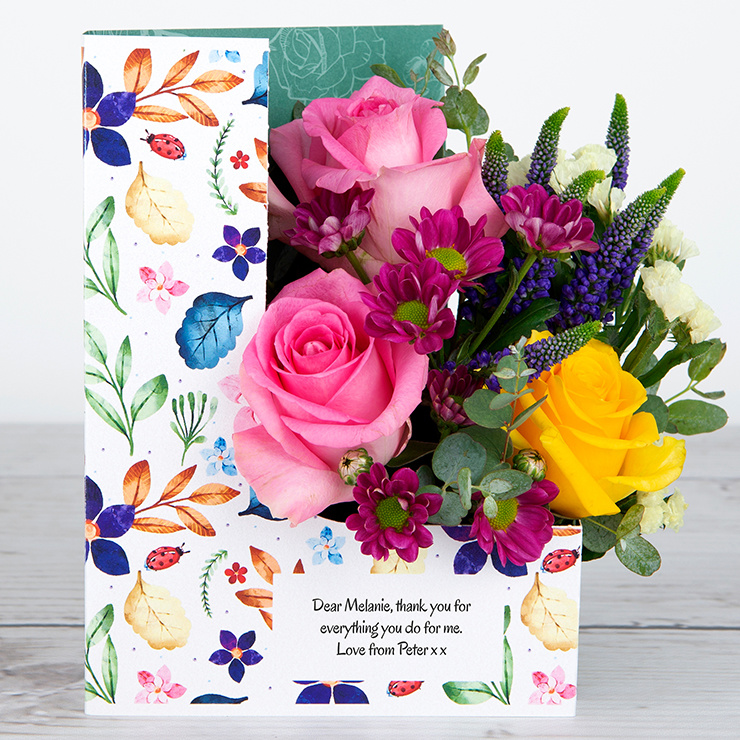 Flowercard with Purple Veronica, Pink Roses, Lemon Statice and Eucalyptus image