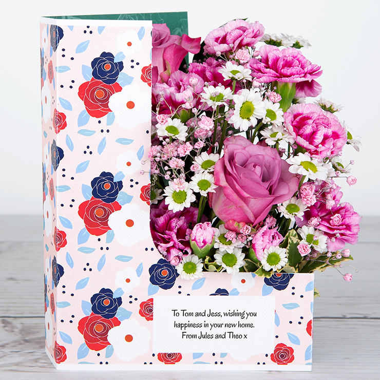 Personalised Flowercard with Dutch Roses, Santini Chrysanthemums, Gypsophila, Spray Carnations, Pittosporum and Ruscus Leaves image