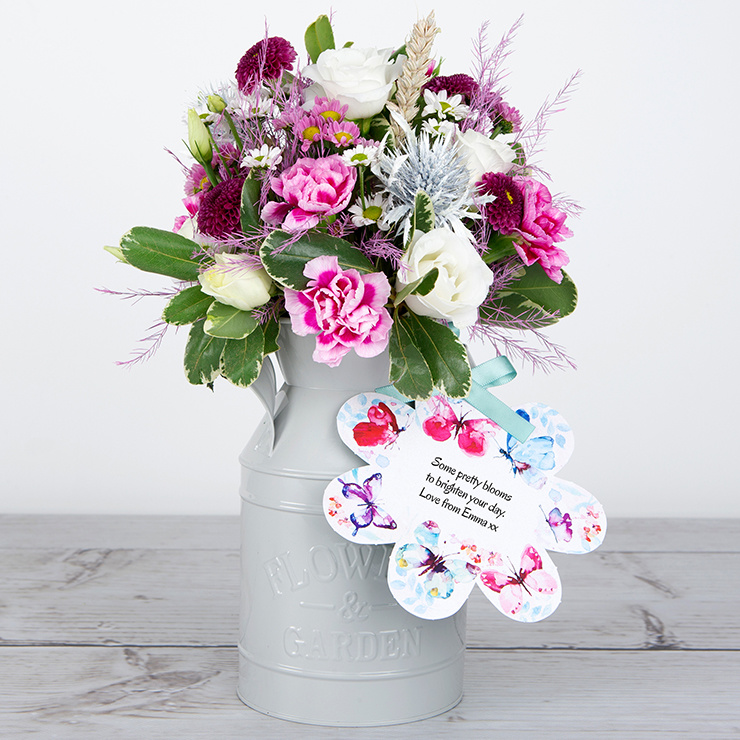 White Lisianthus, Painted Wheat, Santini, Tree Fern and Spray Carnations in our Keepsake Flowerchurns image