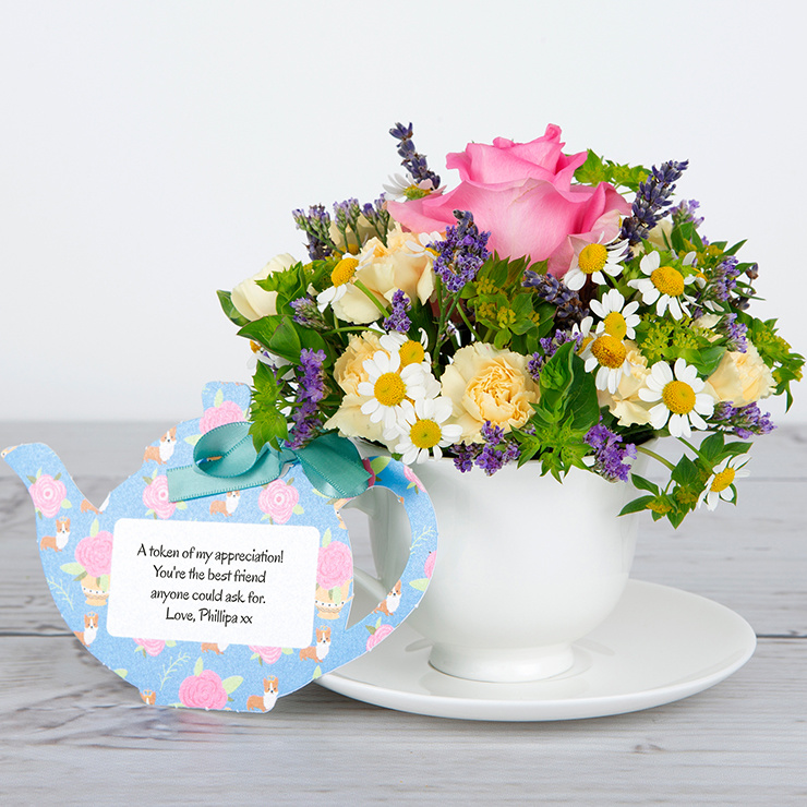 Bone China Teacup with Pink Roses, Lavender stems, Carnations, Tanacetum and Limonium image