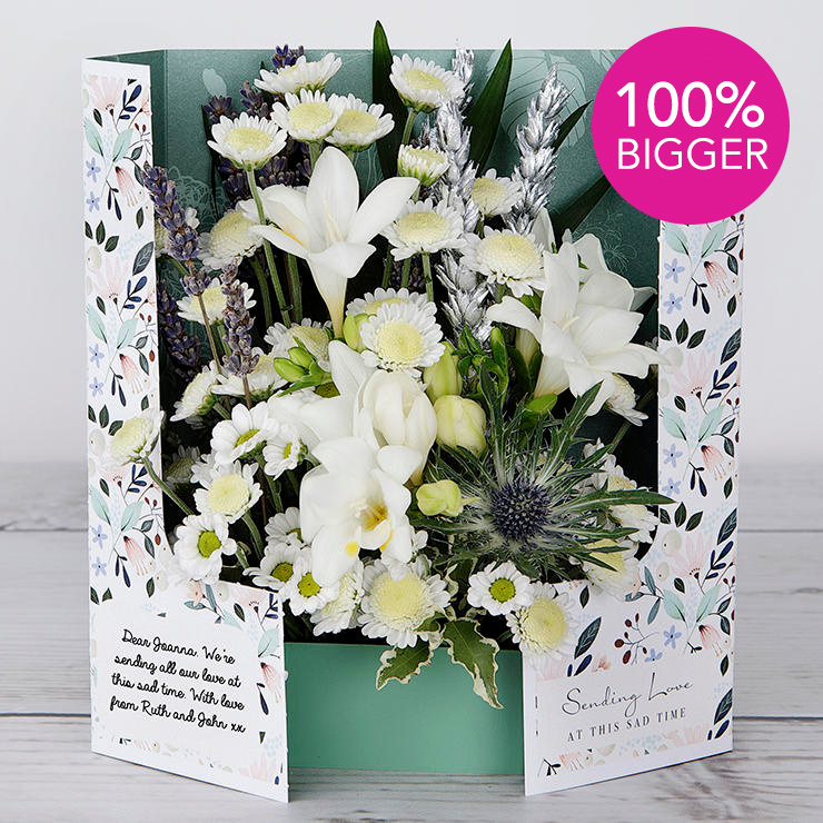 Personalised Sympathy Flowers with Chrysanthemums, White Freesias, Dried Lavender, Silver Wheat, Chico Palm and Pittosporum image